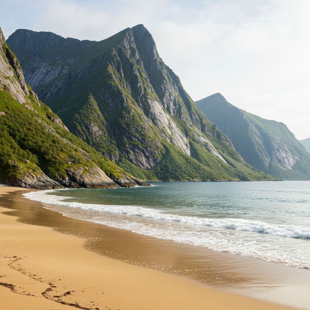 Dramatic Norwegian island landscape with mountain peaks and turquoise beach, reflecting founder Agnes's Norwegian heritage
